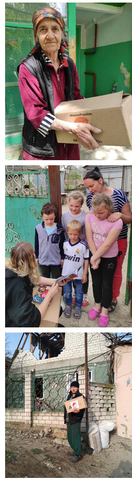 A woman in Ukraine holding a Mission Possible aid box, a family being given an illustrated Bible and Nikolay standing in front of his badly damaged home